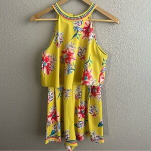 Flying Tomato Yellow Floral Tropical High Neck Halter Sleeveless Romper